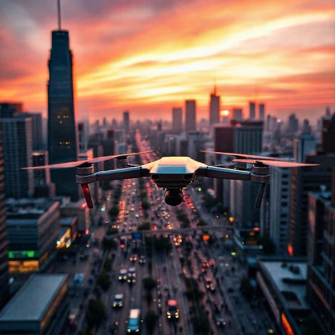 This wallpaper showcases a drone flying over a bustling city at sunset, capturing the vibrant colors and dynamic energy of urban life.