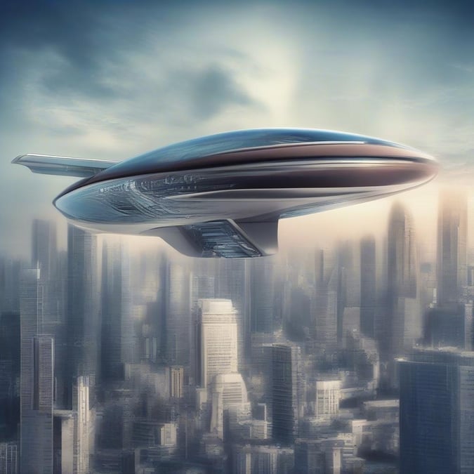 This stunning image showcases a futuristic cityscape with a sleek, silver, saucer-shaped vehicle soaring above the skyline. The vehicle's design is reminiscent of a UFO, with its smooth, aerodynamic lines and metallic sheen.