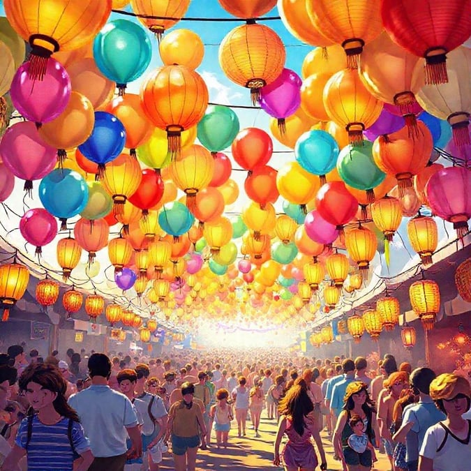 A lively scene from a bustling Chinese street market, filled with colorful lanterns and people enjoying the atmosphere.