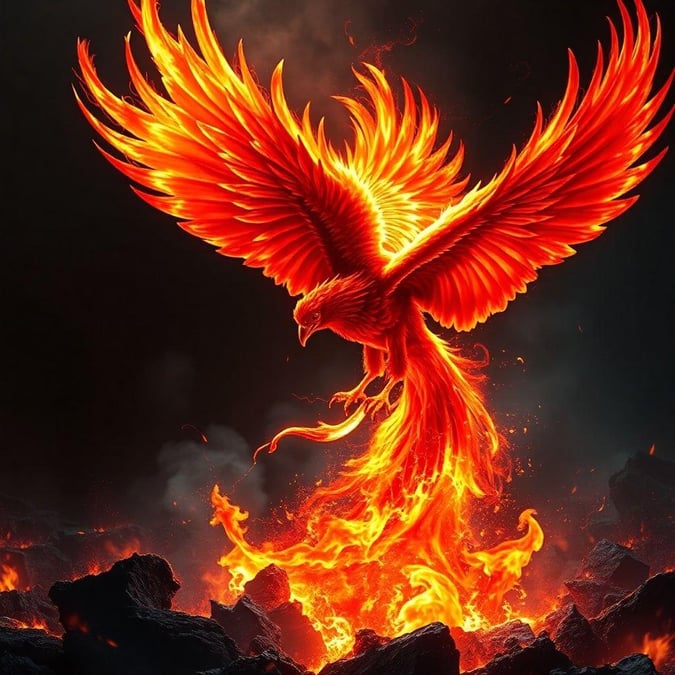 A fantasy wallpaper featuring a phoenix rising from the ashes, symbolizing rebirth and renewal.