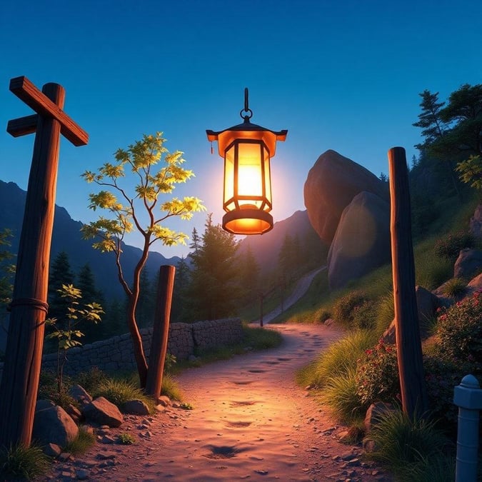 This wallpaper features a serene and peaceful scene of a lantern floating above a winding mountain path, surrounded by lush greenery and a clear blue sky. The lantern is the main focus of the image, with its warm glow illuminating the path and creating a sense of tranquility.