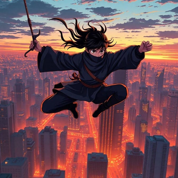 This anime character is a skilled warrior, poised for action against a backdrop of towering city skyscrapers at sunset. The image captures the spirit of resilience and strength that often embodies these characters.