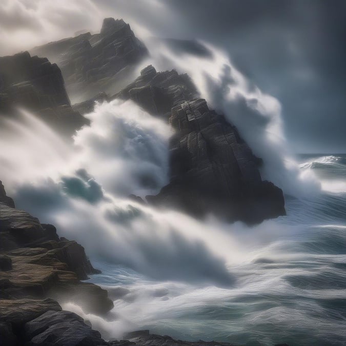 This image captures the raw power and beauty of the ocean as it crashes against the rugged rocks. The waves are intense and dynamic, with white foam and spray flying everywhere. The rocks are dark and imposing, providing a striking contrast to the bright blue water. The overall effect is one of drama and energy, making this image perfect for anyone who loves the ocean.