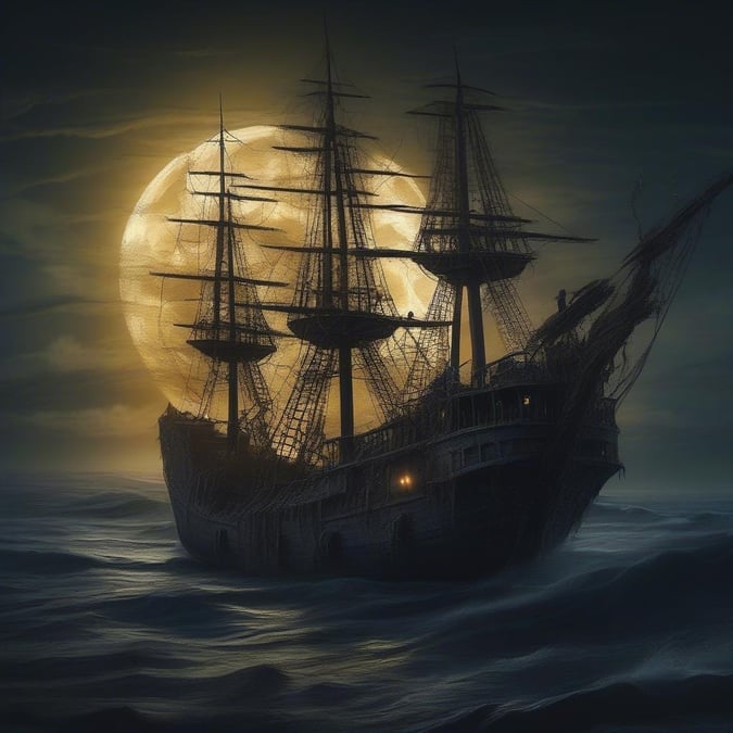 A dramatic digital illustration of an old, three-masted ship setting sail on a stormy night with the full moon casting eerie shadows. Perfect for Halloween desktops.