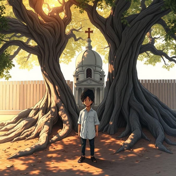 A serene scene of an anime boy standing in the shade of an ancient tree, with a small temple in the background.