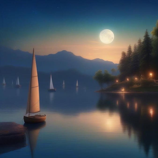 A tranquil scene where several sailboats are docked at a lakeside village during sunset, with a full moon rising over the distant mountains.