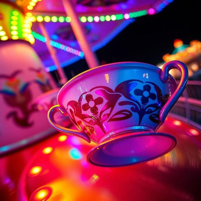 This lively scene captures the excitement and fun of a carnival. The vibrant colors, lights, and motion suggest a nighttime setting with thrilling rides and mouth-watering food options.