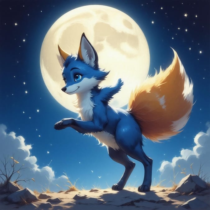 A beautiful and magical scene of an animated fox dancing under the light of a full moon, its vibrant blue and white fur shining in the night sky.