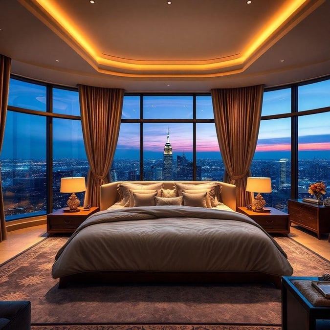 This luxurious bedroom boasts a stunning city view, perfect for those who love the hustle and bustle of urban life. The room is elegantly decorated with a large bed, comfortable seating area, and sleek furniture, creating a cozy and inviting atmosphere.