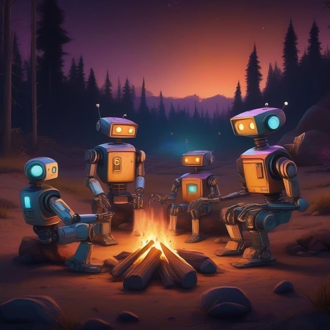 This image features a group of robots gathered around a campfire, enjoying each other's company in a serene outdoor setting. The robots are depicted in various poses, some sitting on logs, others standing, and one even roasting a marshmallow. The campfire is the central focus of the image, with flames dancing and sparks flying upwards. The background is a starry night sky, with trees and mountains visible in the distance. The overall atmosphere is one of friendship and camaraderie, as the robots come together to share in the joy of a campfire. This image is perfect for anyone who loves robots, camping, or just wants a unique and fun wallpaper for their device.