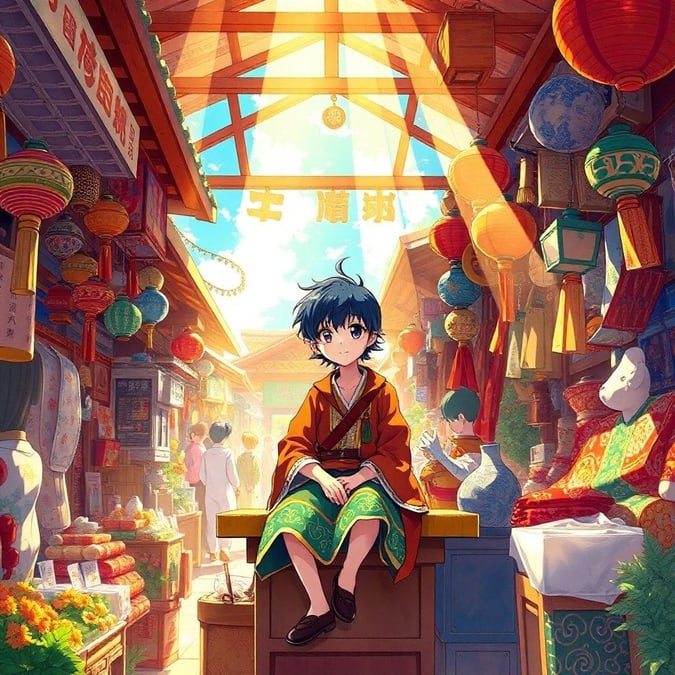 Immerse yourself in the vibrant world of anime with this stunning marketplace wallpaper. The detailed illustration features a lone traveler, surrounded by a bustling crowd, with traditional Japanese motifs blending seamlessly with exotic market elements.