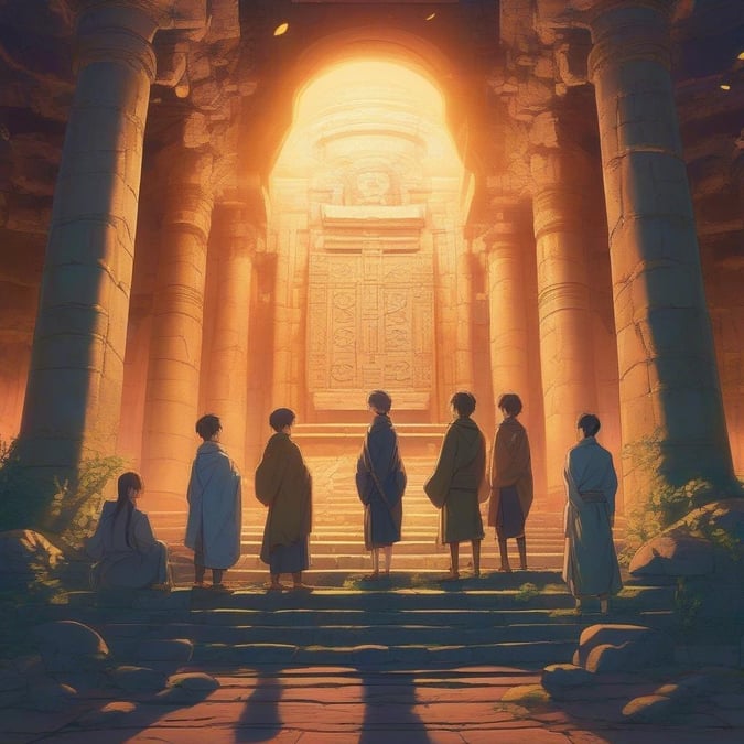 Experience the mystique of an ancient temple gathering with this captivating anime illustration. A group of individuals, united in their curiosity, surround a mysterious stone artifact, bathed in a radiant glow. This scene, teeming with unity and intrigue, invites you to step into a world where the past and present converge.