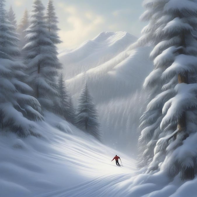 A picturesque scene of a snowy mountain trail where a skier, dressed in winter attire, is carving their way down the slope. The serene environment is dusted with snow and surrounded by coniferous trees, making for an ideal skiing destination.