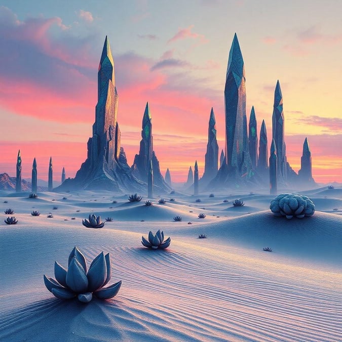 A mystical landscape bathed in twilight, where rocky spires reach towards the sky, a place where technology seems forgotten but hints of otherworldly energy are subtly woven into the environment.