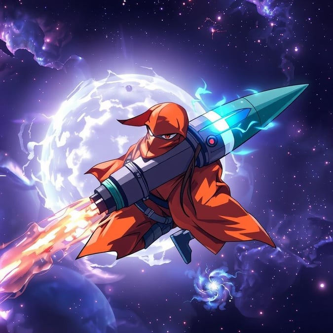 This anime-style wallpaper features a ninja flying through a galaxy powered by a starlight jetpack. The ninja is dressed in a bright orange costume and is facing to the right, with a light blue tail shaped like a cylinder and two small red dots on the tail. The galaxy is a bright white color and is surrounded by a galaxy that is a bright white color. The background of the image is a deep purple color, with stars and galaxies visible throughout. This wallpaper is perfect for fans of anime and science fiction.