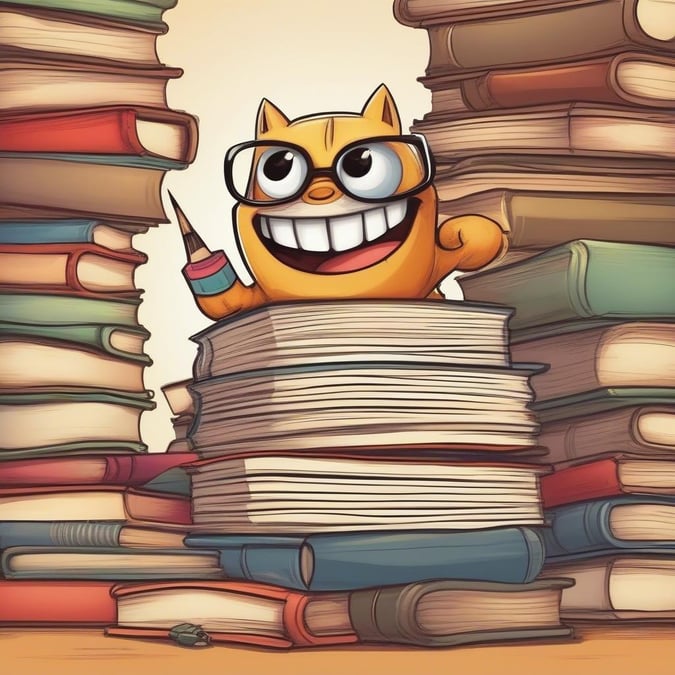 A whimsical scene featuring a yellow cartoon ant enjoying a pile of books. Back-to-school vibe with a touch of humor.