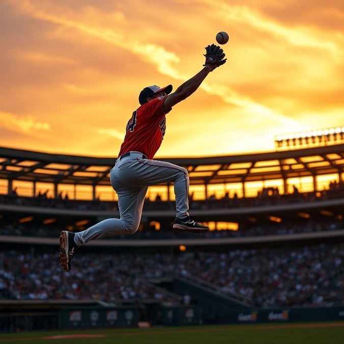 A dynamic image of a baseball player in mid-throw, set against the backdrop of a sunset.