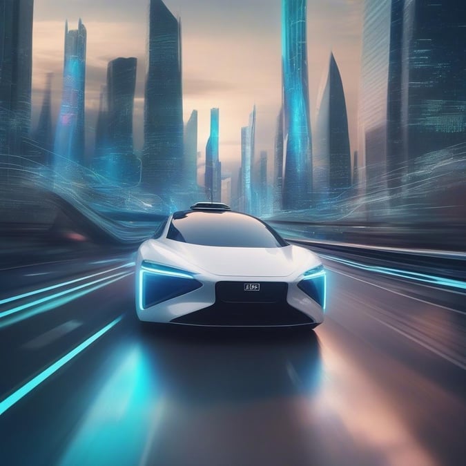 Experience the future of transportation with this sleek, electric car driving down a neon-lit highway. The cutting edge design and blue glowing details hint at innovative technology and eco-friendly driving.