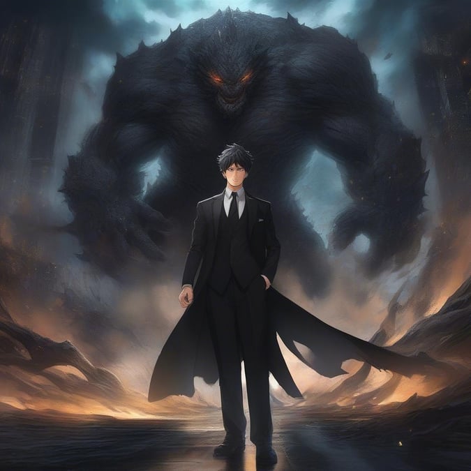 Ein dynamisches Anime-Hintergrundbild, das einen Mann in einem schwarzen Anzug zeigt, der mitten in einem kolossalen, gigantischen Monster steht. Der intensive Blick und die kraftvolle Präsenz der Figur ziehen die Aufmerksamkeit auf sich, vor dem Hintergrund einer chaotischen, monströsen Szene.