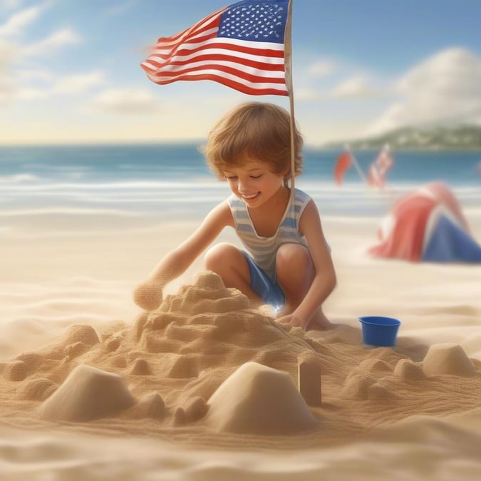 He's building a little castle on the beach, with an American flag behind him. The day is perfect for celebrating freedom and family fun.