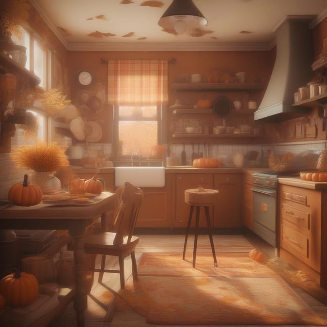 A warm autumn kitchen decorated for the season, with a rustic charm that invites you to cook up a delicious feast.