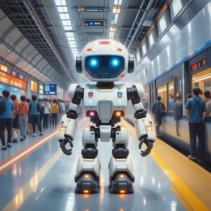 Denna bakgrundsbild visar en fantastisk anime-robot i en livlig tunnelbanestation i Tokyo och fångar essensen av futuristisk teknik och urban energi.