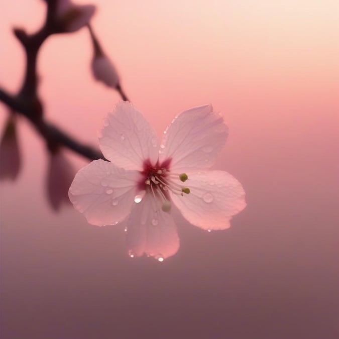 This delicate pink cherry blossom, with its dewy droplets, is a beautiful symbol of spring. It's both calming and inspiring - perfect for a serene desktop wallpaper.