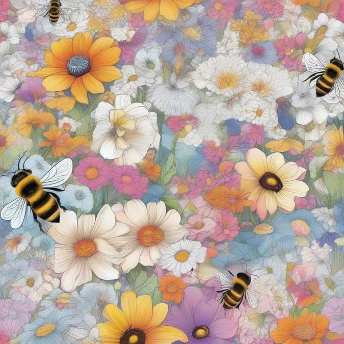 A cheerful depiction of the spring season, featuring vibrant flowers and playful bees buzzing about.