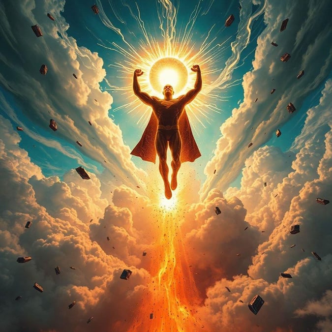 A powerful superhero stands tall in the sky, surrounded by clouds and bathed in the warm glow of the sun.