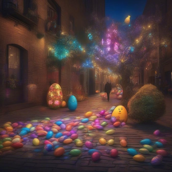 Hop into the spirit of Easter with this vibrant and colorful wallpaper, featuring a whimsical scene of Easter eggs scattered across a city street.