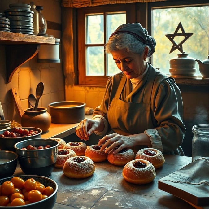 This beautiful wallpaper captures the essence of Hanukkah, a Jewish festival of lights, with a stunning image of a woman preparing sufganiyot, traditional jelly-filled doughnuts, in a cozy kitchen. The warm lighting and inviting atmosphere evoke feelings of joy and togetherness, perfect for the holiday season.