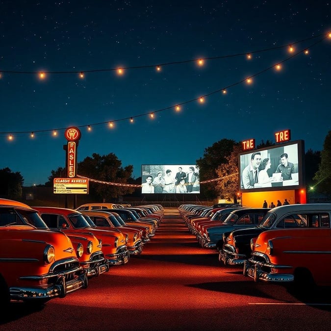 A collection of vintage cars parked in neat rows, illuminated by the glow of a screen showing a classic movie. The atmosphere is nostalgic and inviting, as if it's an open-air film festival with a touch of auto showcase.