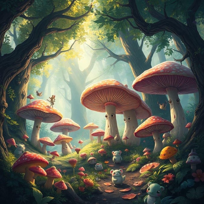 Step into a magical forest, where mischievous creatures play among the vibrant mushrooms. A delightful desktop wallpaper.