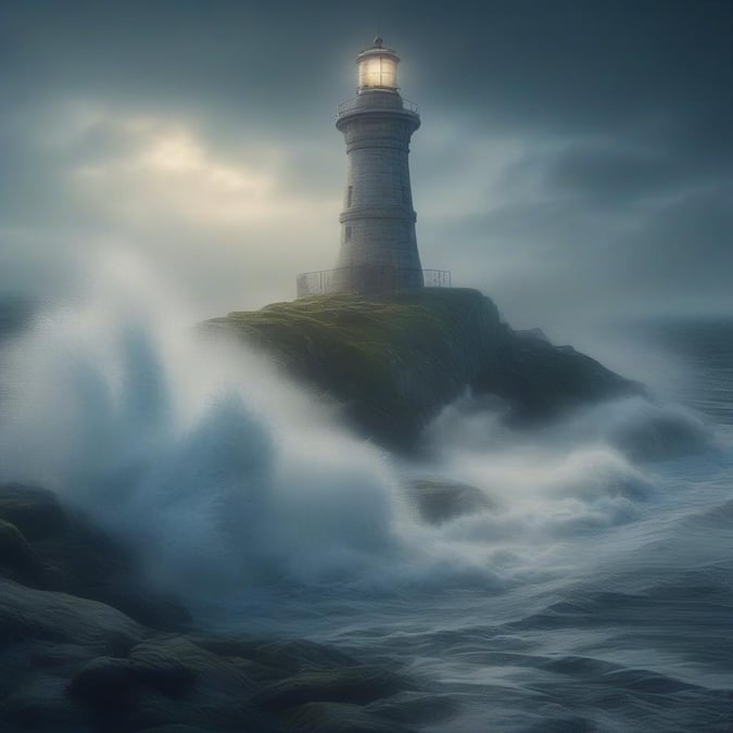 A serene and majestic lighthouse standing tall on a rugged rocky shore, surrounded by the soothing sound of waves crashing against the rocks.