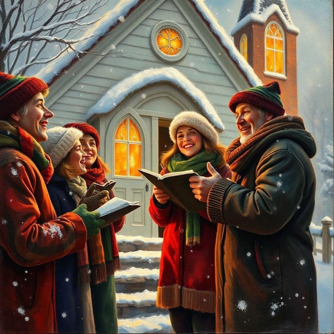 A warm gathering at the church doors, the choir in their festive costumes, singing carols to welcome in the holiday season.