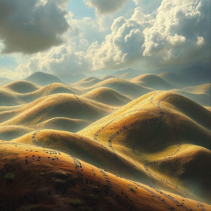 A serene and peaceful 3D art wallpaper featuring a desert landscape with rolling hills and a cloudy sky.