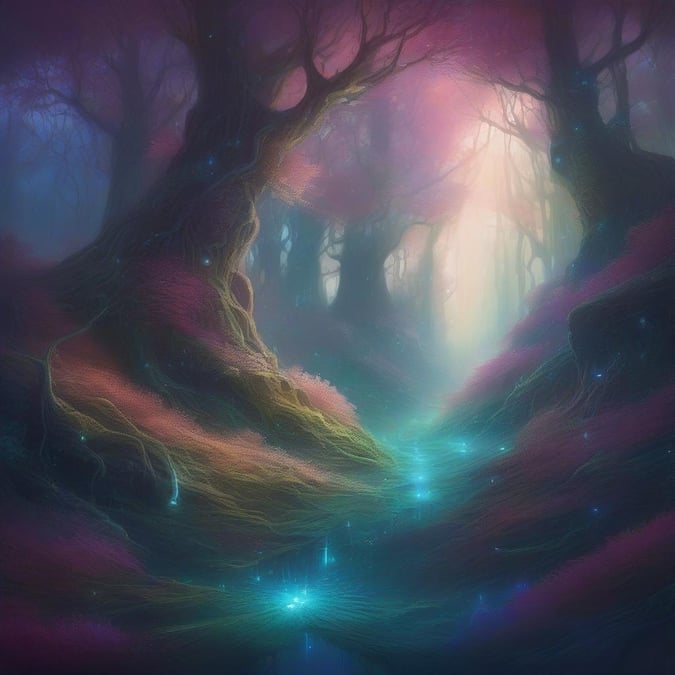 Step into a world of wonder and magic with this fantastical forest wallpaper. The large tree in the center of the image is surrounded by a halo of light, creating a sense of awe and mystery.