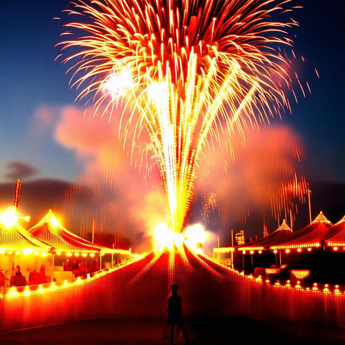 Spectacular nighttime carnival ambiance with colorful lights, rides and a sky filled with firecrackers. A festive scene that brings joy to everyone.