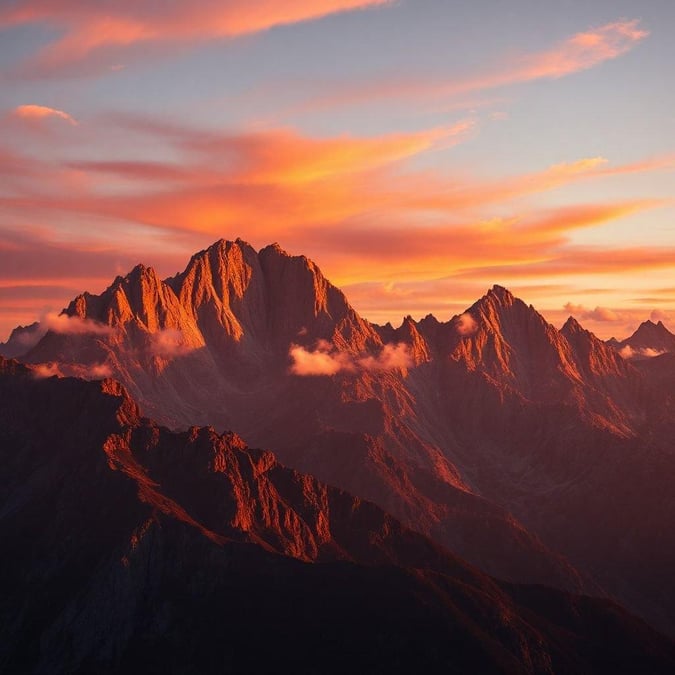 A breathtaking view of a mountain range at sunset, with the sky painted in warm hues of orange, yellow, and pink.