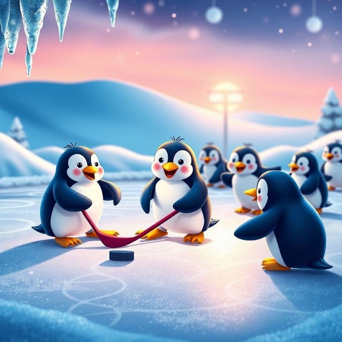 A fun cartoon wallpaper featuring penguins playing hockey on ice. Perfect for desktop and mobile backgrounds.