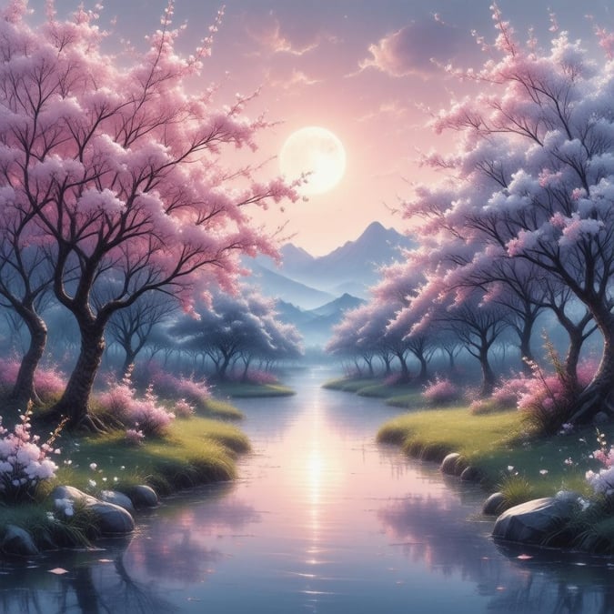 Este sereno fondo de pantalla captura un momento pacífico en la naturaleza, combinando la belleza de las flores de cerezo con la tranquilidad del cielo iluminado por la luna.