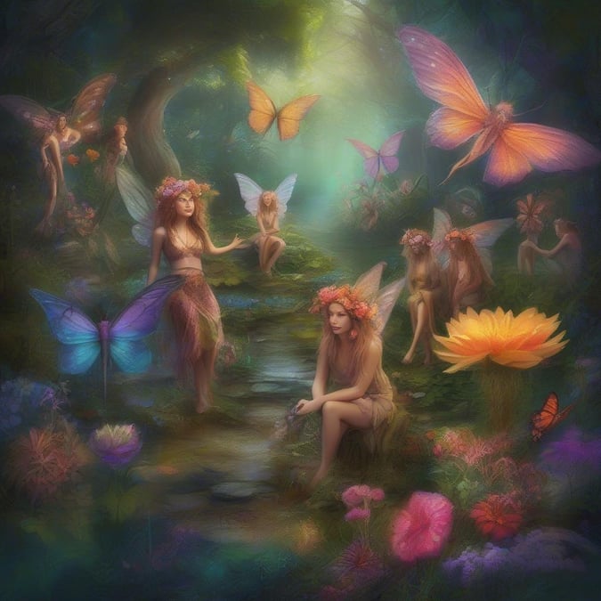 Step into a world of wonder and magic with this enchanting wallpaper featuring fairies amidst a lush forest backdrop. The image showcases a group of fairies, each with their own unique charm, surrounded by vibrant flowers and foliage. The fairies' delicate wings and intricate details bring a sense of whimsy and fantasy to the scene, while the forest's lush greenery and colorful blooms evoke a sense of serenity and tranquility. This captivating wallpaper is perfect for anyone who loves fantasy and sci-fi, and wants to add a touch of magic to their digital space.