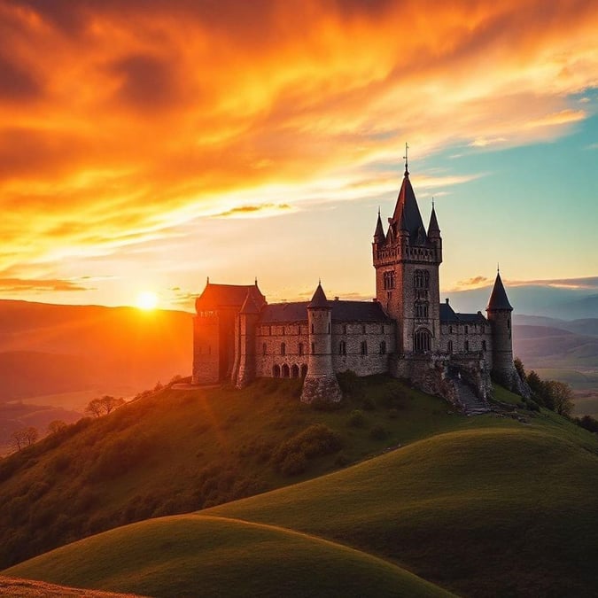 This majestic castle, bathed in the warm glow of a sunset, stands as a fairy tale vision against the backdrop of a dramatic sky. The silhouette of the towering structure with its pointed roofs is illuminated by the last rays of the day, casting a magical atmosphere that evokes a sense of wonder and adventure.