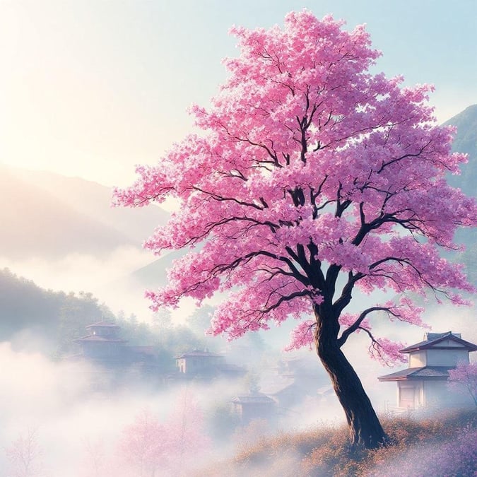 A serene anime-style illustration of a sakura tree with vibrant pink flowers blooming in a misty mountain village, creating a peaceful and tranquil scene.