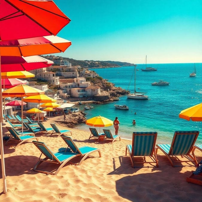 A peaceful beach scene with a woman standing on the shore, surrounded by colorful umbrellas and lounge chairs, with a clear blue ocean and distant boats creating a sense of tranquility.