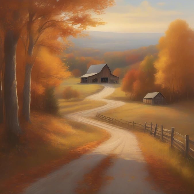 A serene country road winding through a picturesque autumn landscape, evoking the spirit of Thanksgiving with its vibrant foliage and rustic charm.