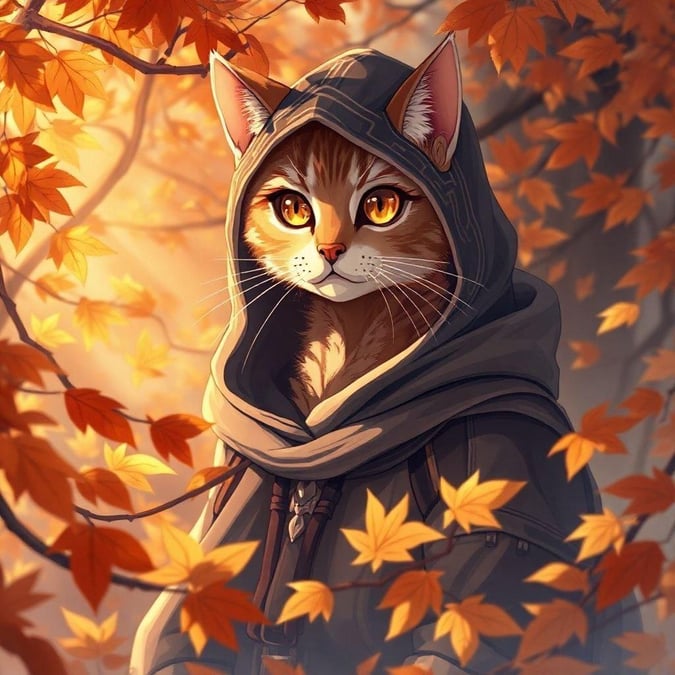 Immerse yourself in the serene world of anime with this captivating image of a hooded cat guardian, surrounded by the vibrant colors of autumn. The cat's determined expression and expressive eyes create a sense of tranquility, inviting you to pause and appreciate the beauty of nature.