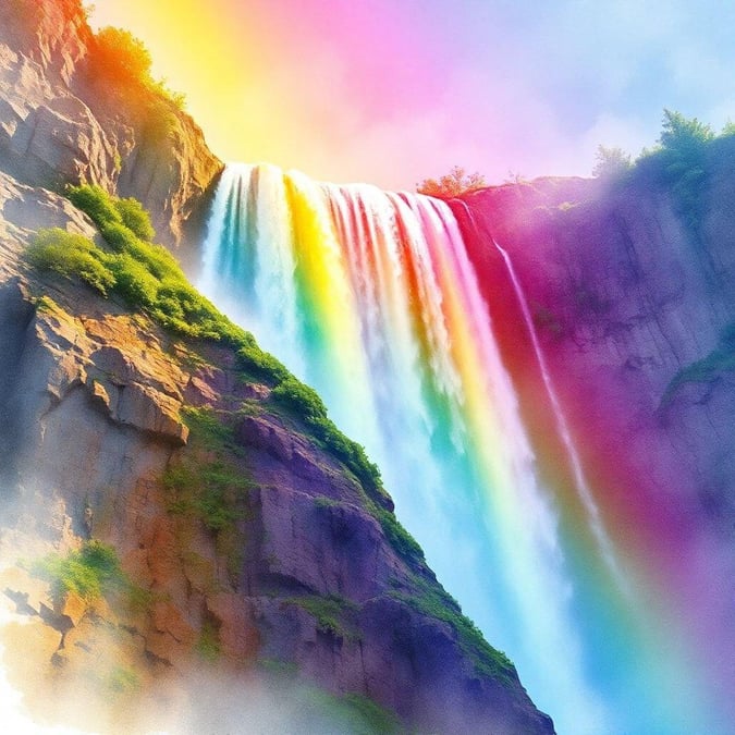 A breathtaking view of a rainbow-colored waterfall cascading down the mountainside, creating a vibrant display against the clear sky.