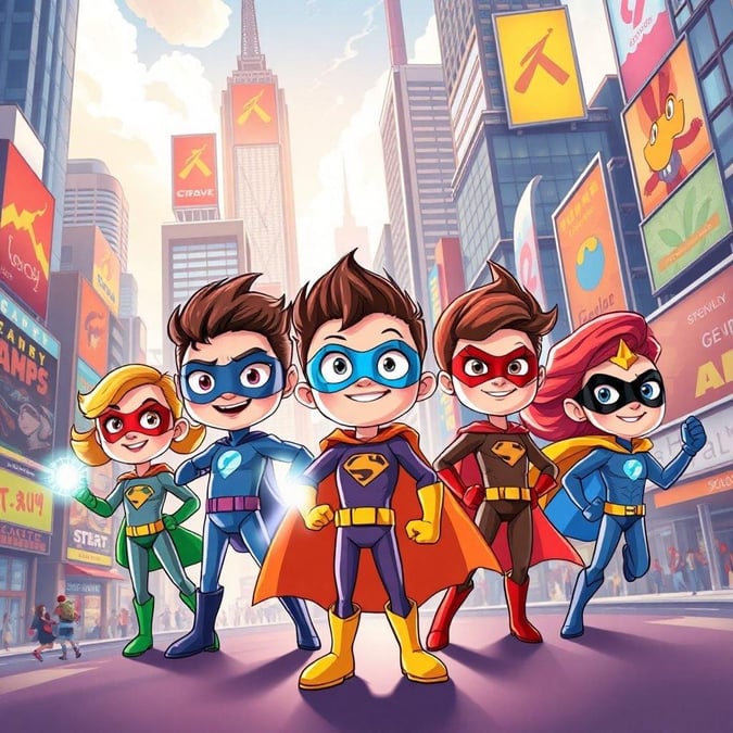 A colorful cartoon wallpaper featuring five kids dressed as superheroes, perfect for desktop and mobile use.