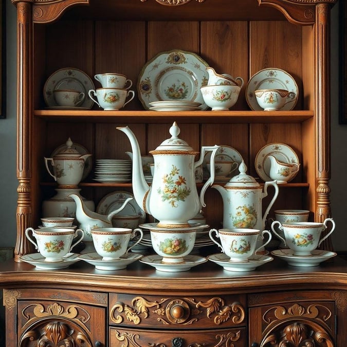 A collection of antique fine china tea set, complete with saucers, cups, and teapot on a shelf. Perfect for afternoon tea time.